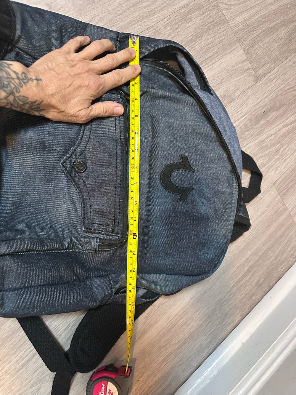 True Religion Gray Denim Backpack Black Suede Trim Laptop School Travel Bag - Picture 6 of 8